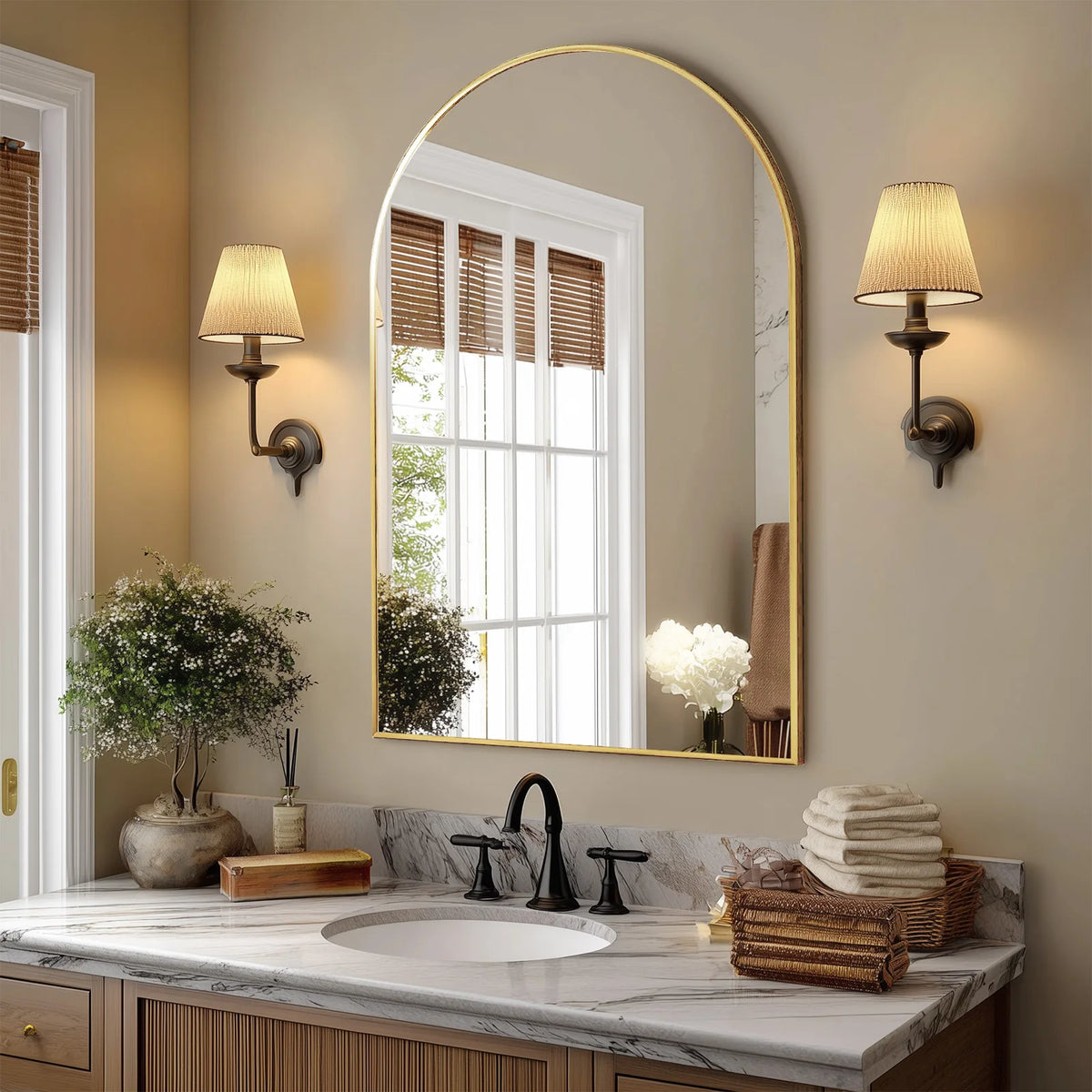 JHK Arched Metal Framed Bathroom Mirror For Wall Decor