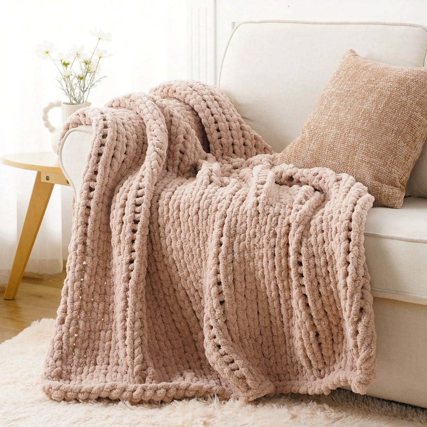 Cream Chunky Knit Throw Blanket For Couch,Handmade Cable Knit Crochet Blanket,Chenille Throw Blankets For Sofa Bed Home Decor,50