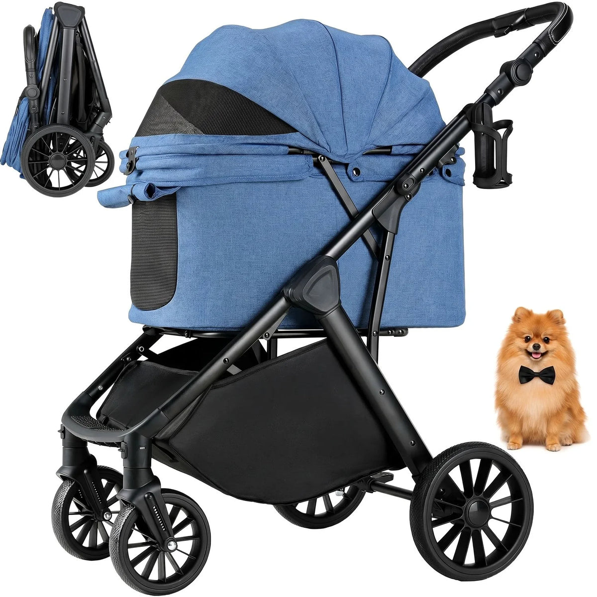 Foldable Pet Stroller with Carrier Sun Shade and Shock Absorbers