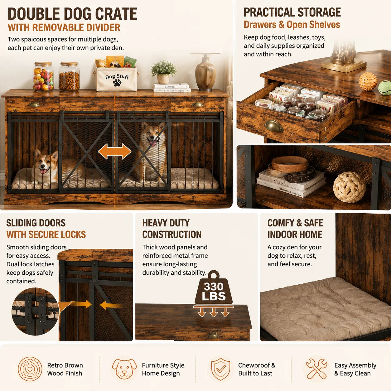 Heavy Duty Wooden Double Dog Crate Furniture Storage Drawers Indoor