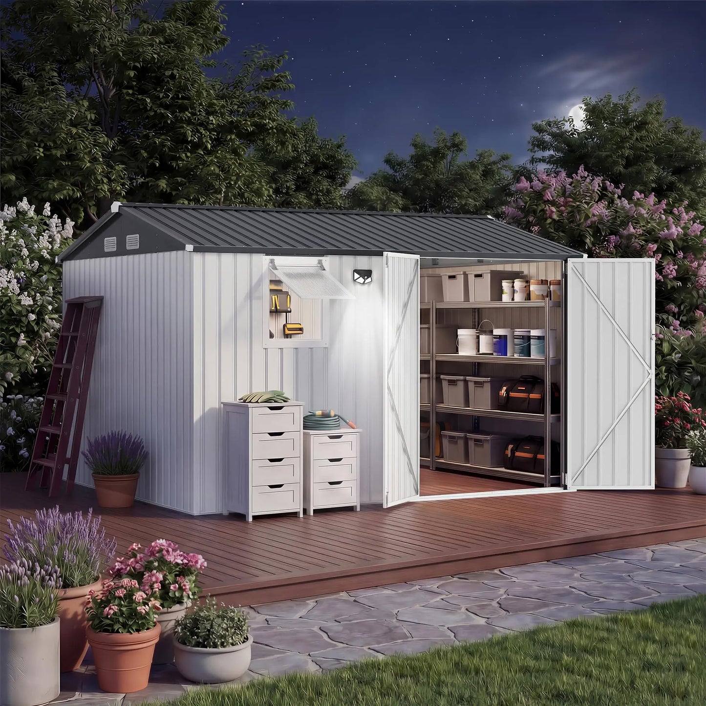 10x8FT Steel Garden Storage Shed With Sloped Roof, Vents & Window, Lockable Doors, Outdoor Tool Shed For Backyard Patio Poolside