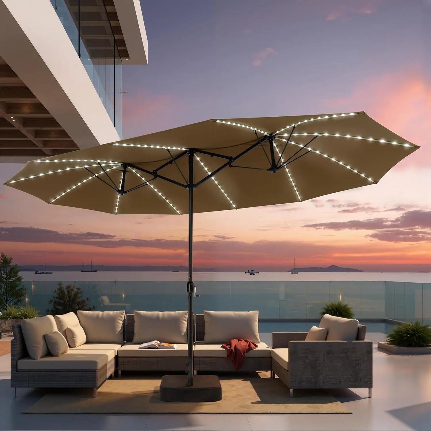 15FT Double Sided Umbrella with 144 LED Solar Lights, Outdoor Patio Umbrella with Base, Large Rectangle Market, Customized