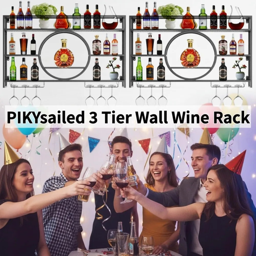 Wall Mounted Wine Rack With Glass Holder 3 Tier Capacity