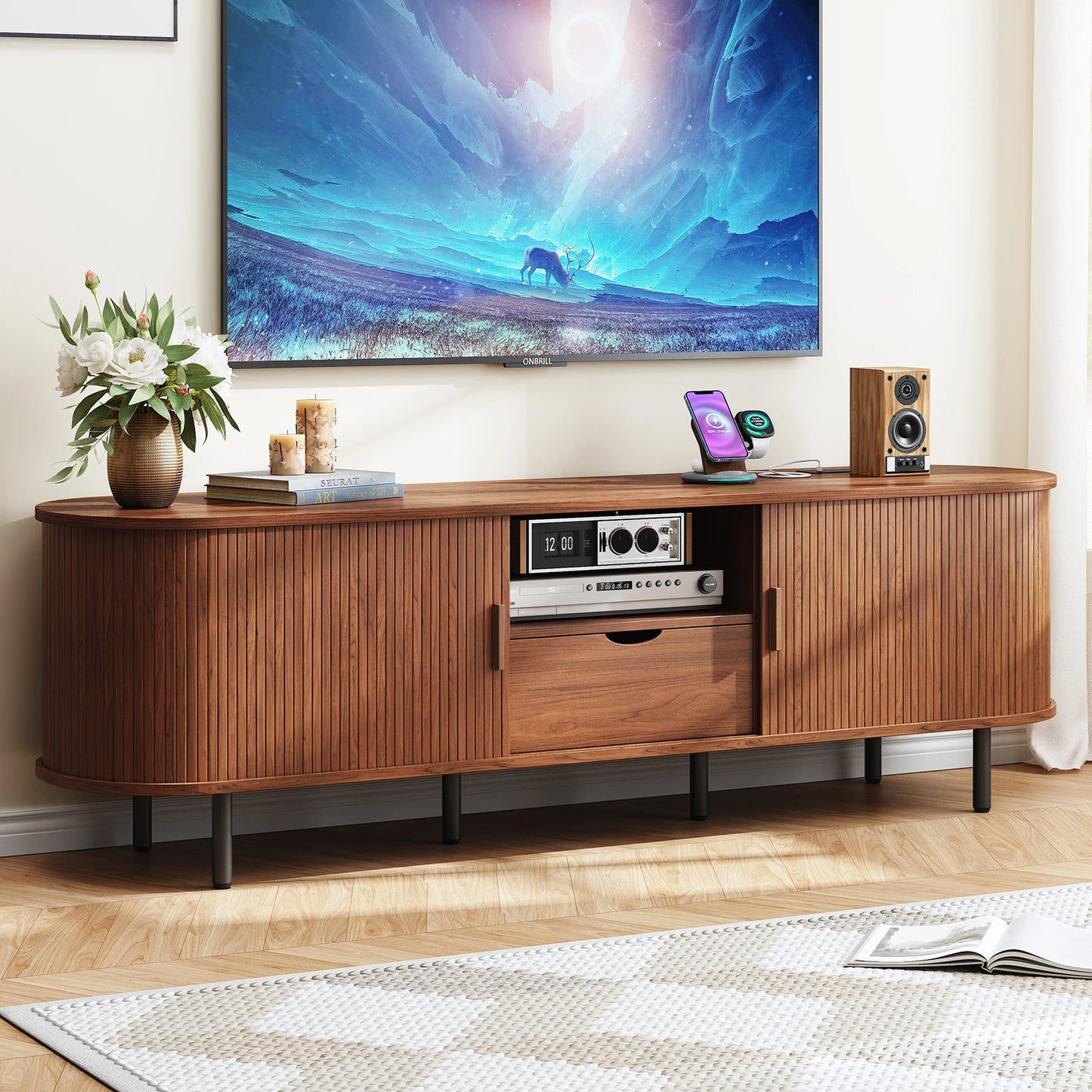 ONBRILL Modern TV Stand Entertainment Center With Storage And Adjustable Shelves