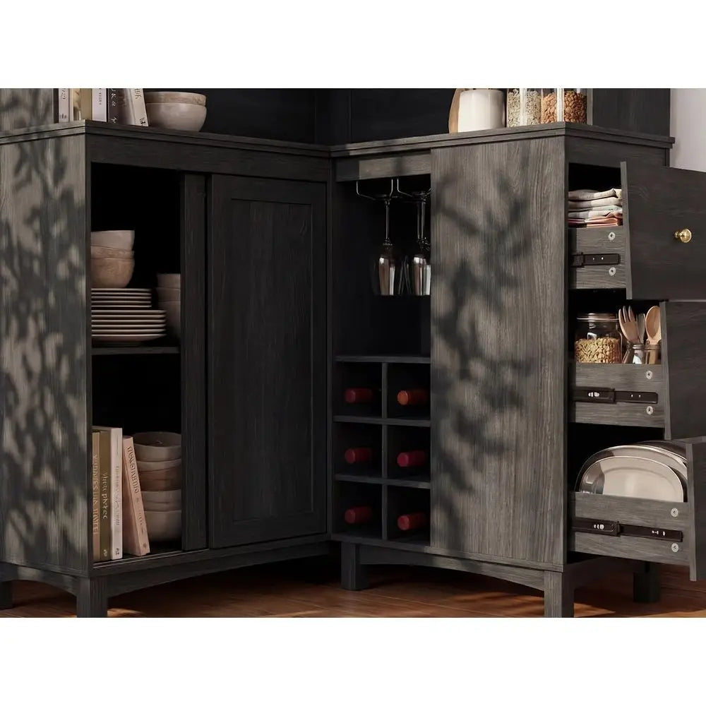 YTYIN Corner Cabinet With Charging Station And Wine Rack Shelves