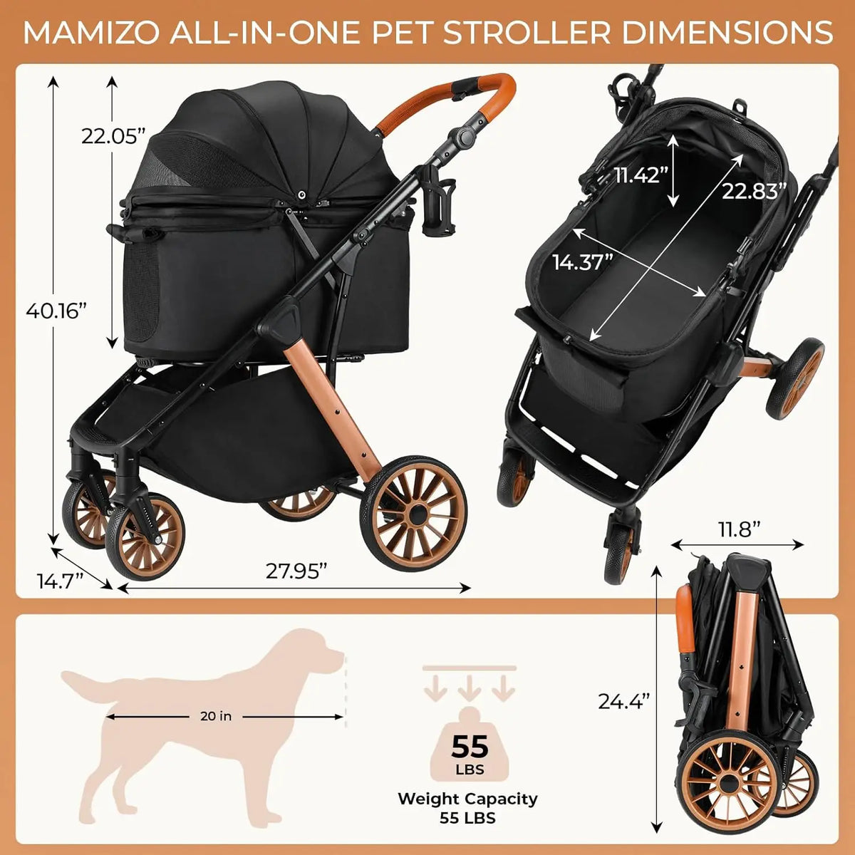 Foldable Pet Stroller with Carrier Sun Shade and Shock Absorbers