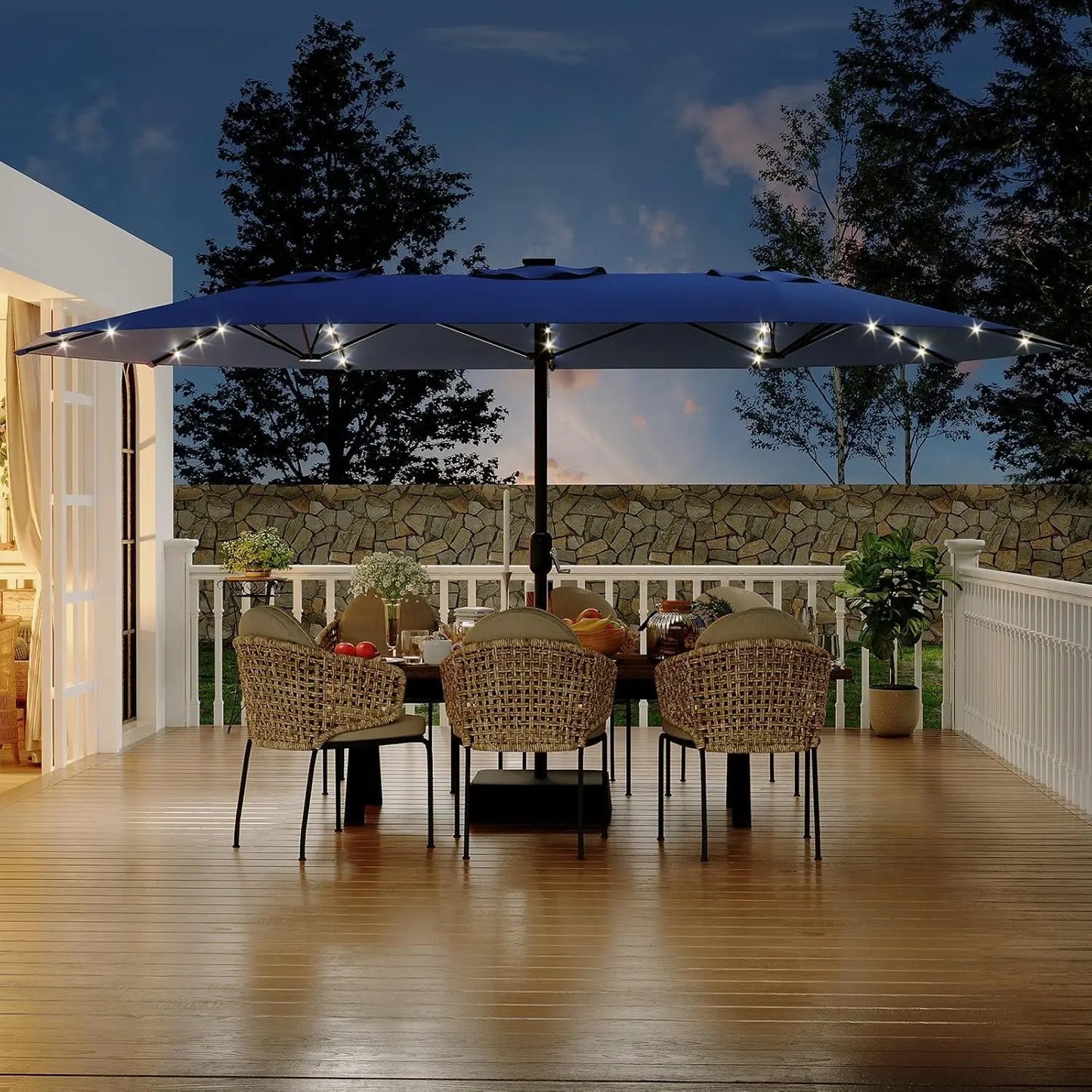 15 ft Rectangular Patio Umbrella with Solar Lights & Base Included - Large Patio Umbrella with Crank Handle 36 LED Lights, UV Protection for Outdoor Market, Backyard, Deck, Pool, Burgundy