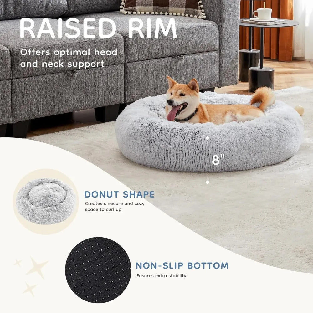 Calming Donut Dog Bed for Large Dogs, Machine Washable Fluffy Faux Fur, Anti-Slip Round Pet Bed for Indoor Cats and Dogs, Grey