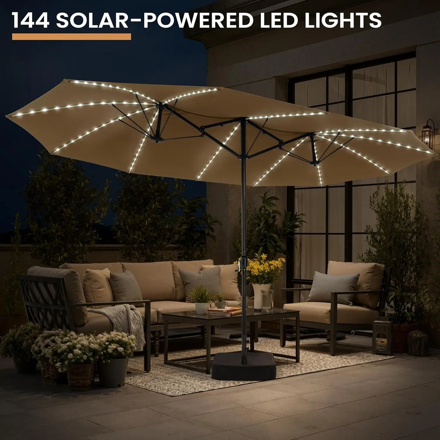 15FT Double Sided Umbrella with 144 LED Solar Lights, Outdoor Patio Umbrella with Base, Large Rectangle Market, Customized