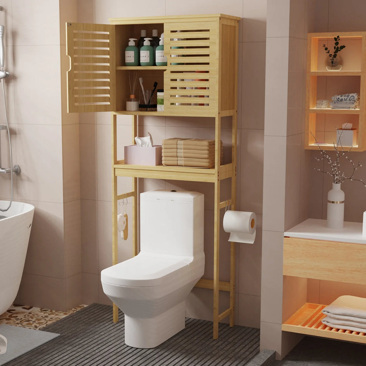 Bamboo Over The Toilet Three Tier Bathroom Storage Organizer Rack