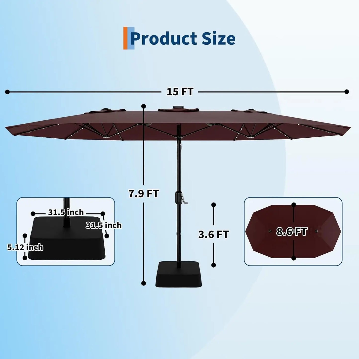 15 ft Rectangular Patio Umbrella with Solar Lights & Base Included - Large Patio Umbrella with Crank Handle 36 LED Lights, UV Protection for Outdoor Market, Backyard, Deck, Pool, Burgundy