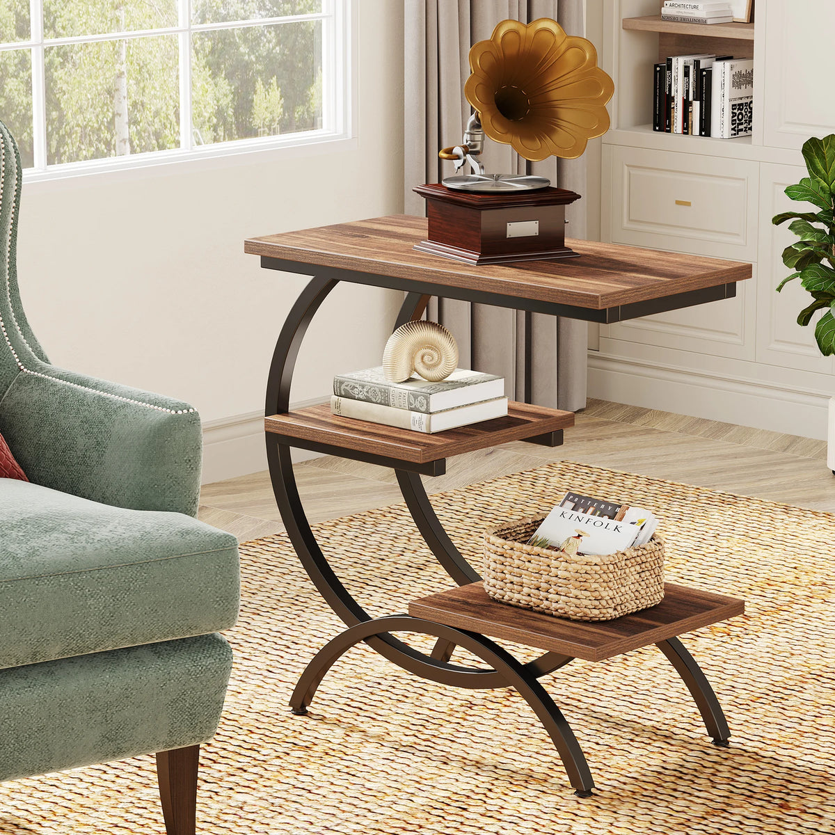 Tribesigns Industrial C-Shaped End Table with 3-Tier Storage Shelves