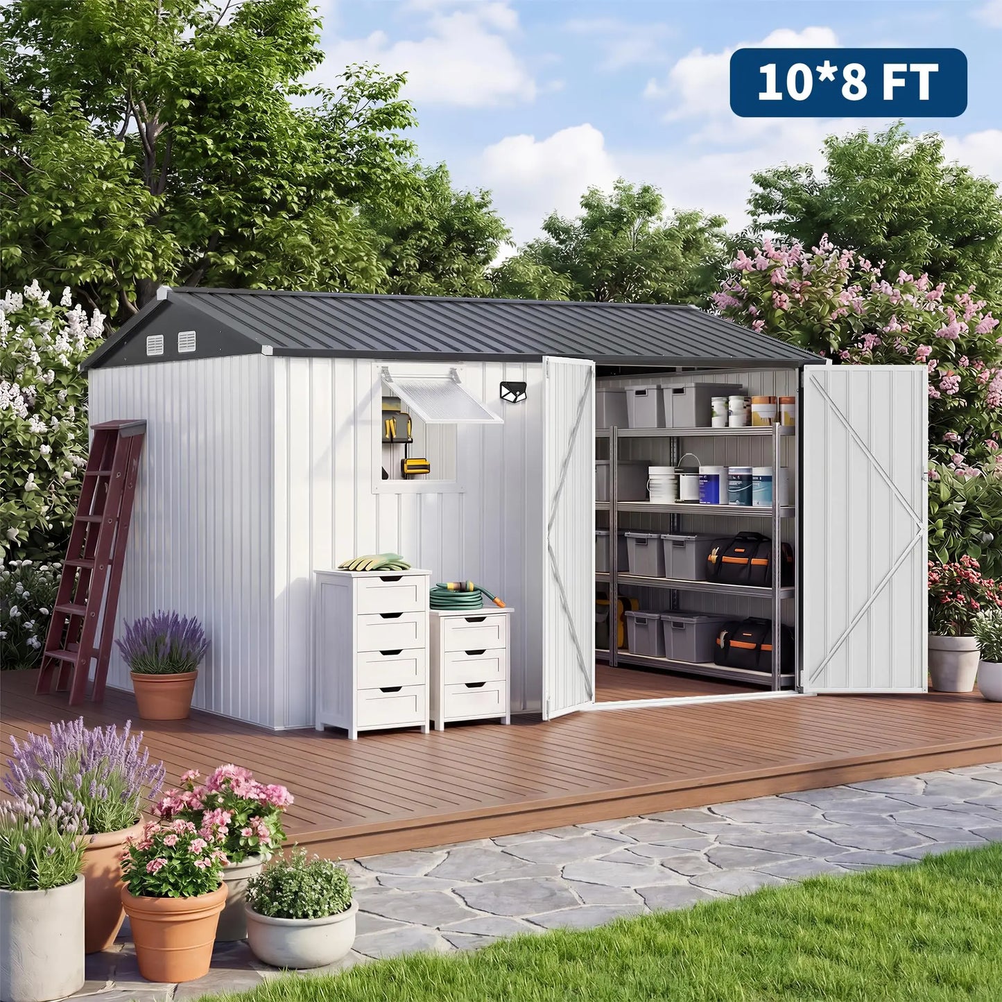 10x8FT Steel Garden Storage Shed With Sloped Roof, Vents & Window, Lockable Doors, Outdoor Tool Shed For Backyard Patio Poolside