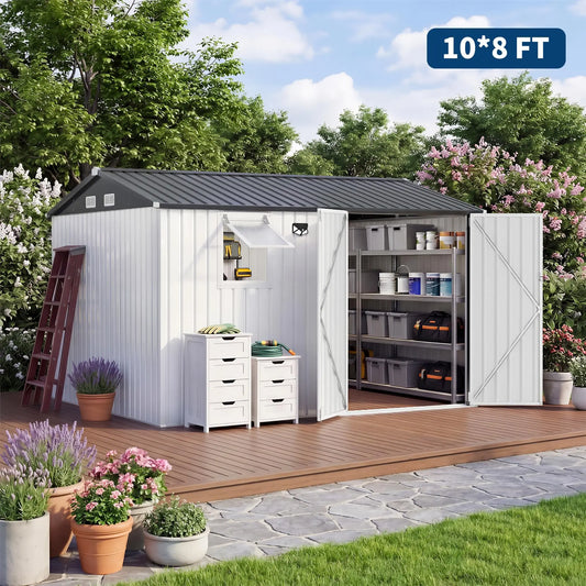 10x8FT Steel Garden Storage Shed With Sloped Roof, Vents & Window, Lockable Doors, Outdoor Tool Shed For Backyard Patio Poolside