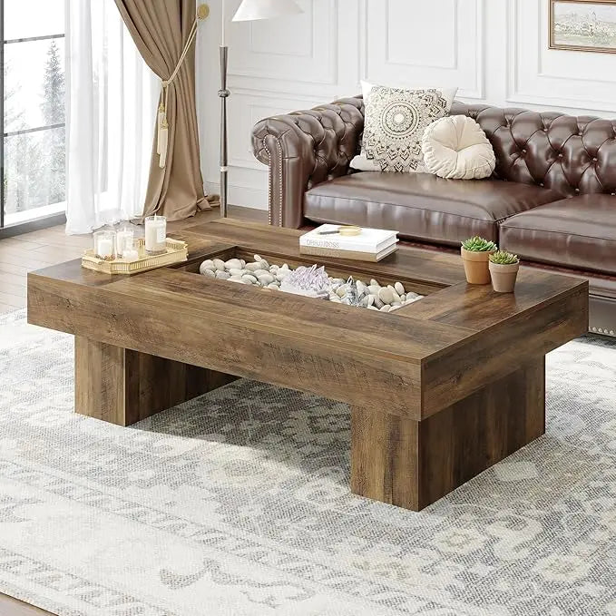 XIUWO Rustic Wood Coffee Table With Storage And LED Light