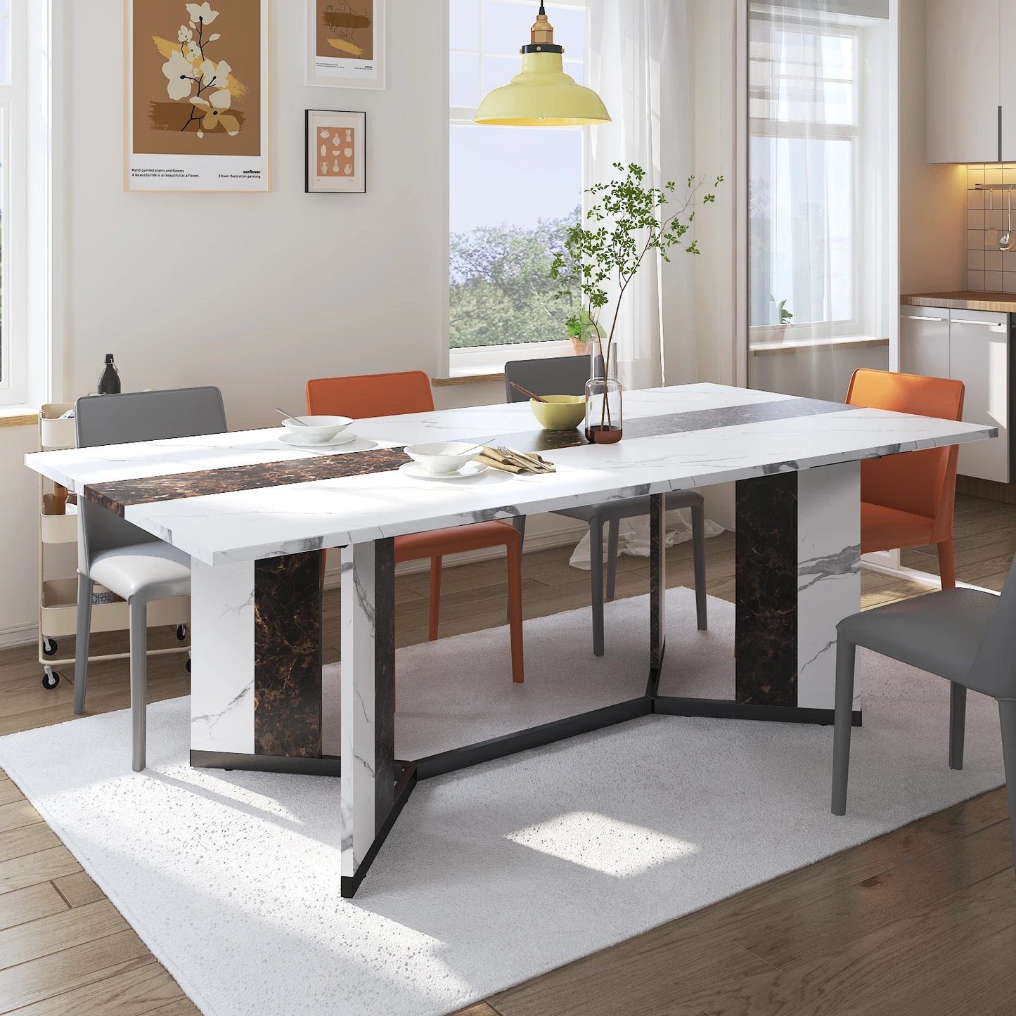 QiaoShiRen Rectangular Dining Table With Wood Top And Metal Legs