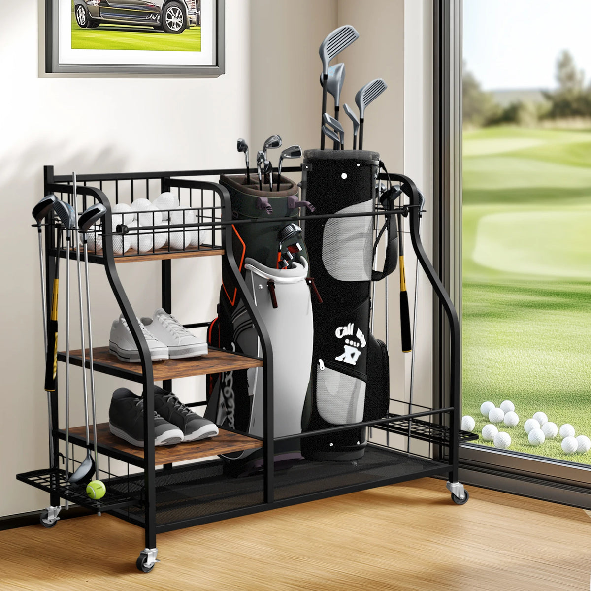 Rolling Golf Bag Storage Rack With Wheels Sports Equipment Organizer