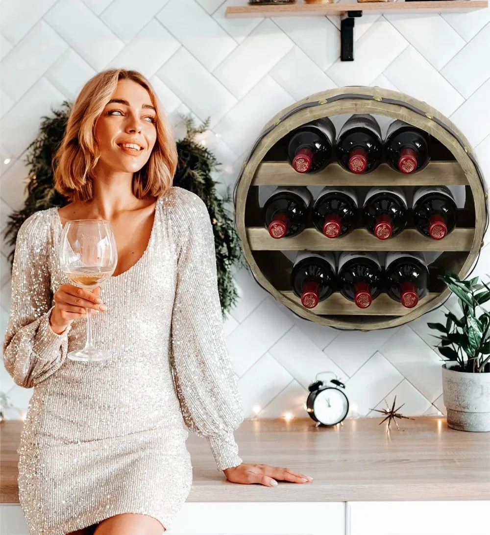 Wall Mounted Barrel Wine Rack for 10 Bottles Rustic Wood Holder
