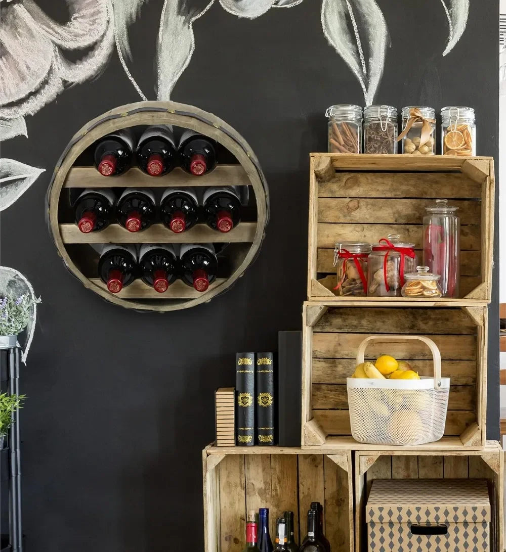 Wall Mounted Barrel Wine Rack for 10 Bottles Rustic Wood Holder