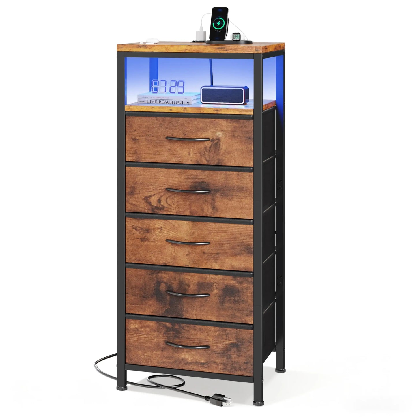 JHK Five Drawer Dresser Nightstand With Charging Station And Outlets