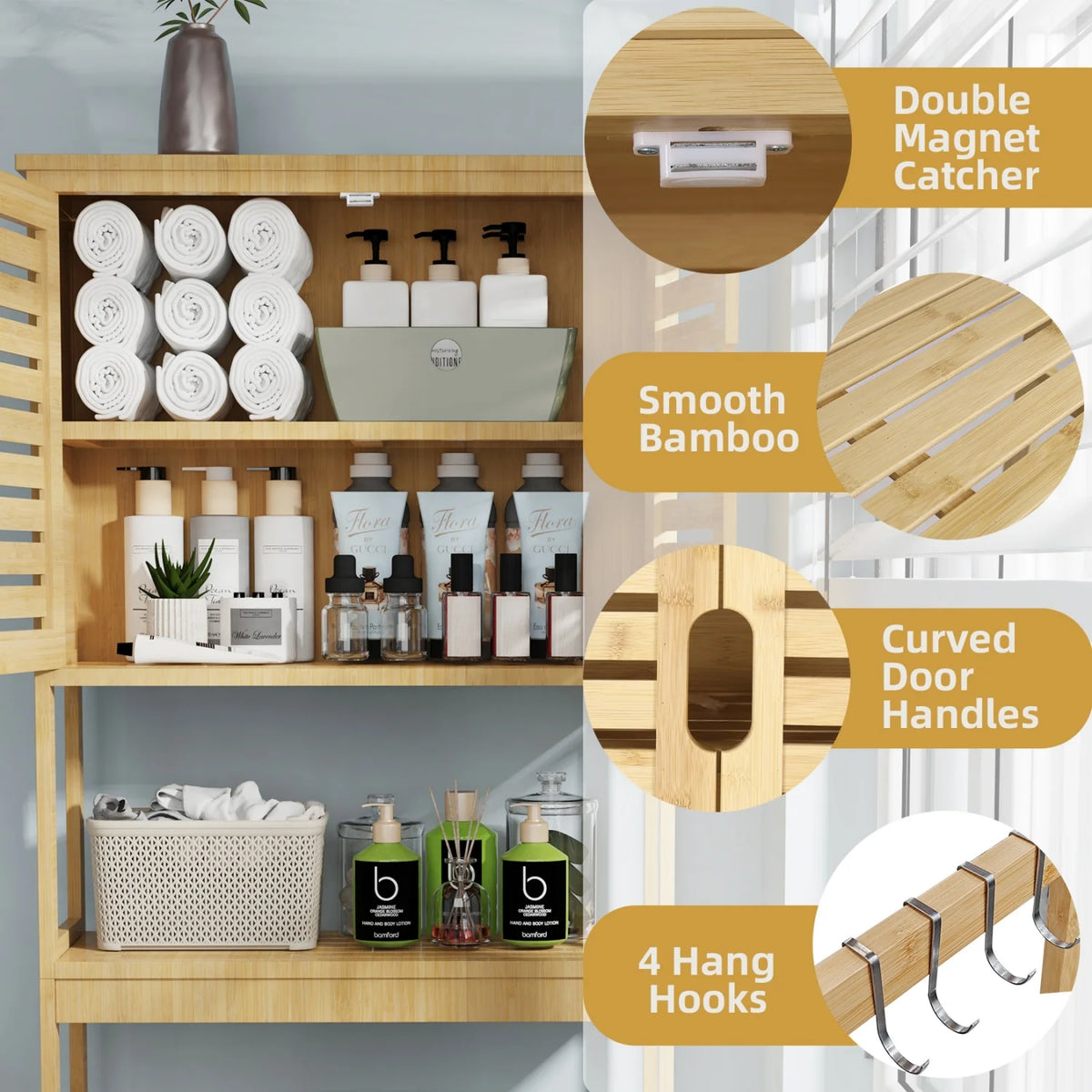 Bamboo Over The Toilet Three Tier Bathroom Storage Organizer Rack