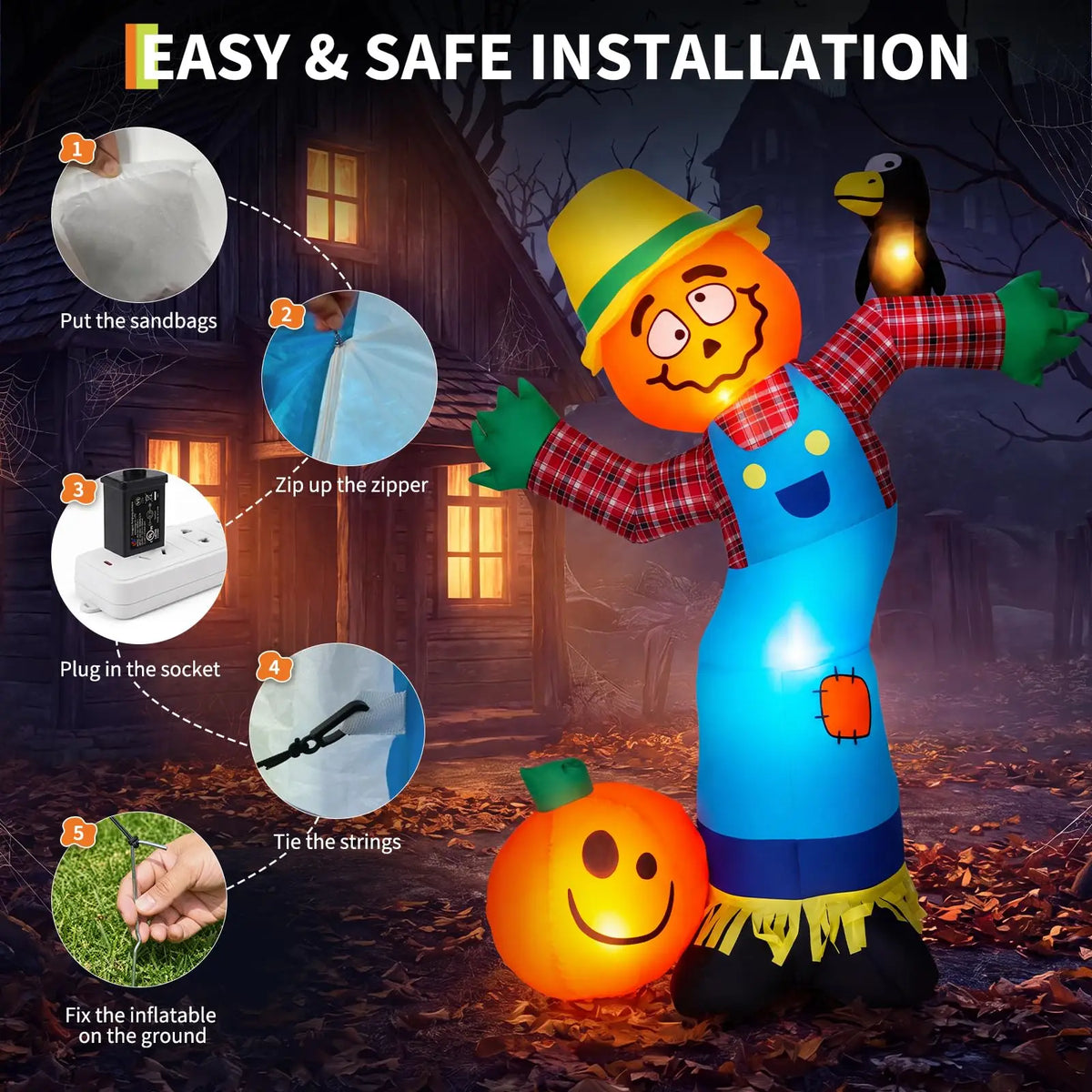 HiMISS Halloween Pumpkin Scarecrow Inflatable Yard Decor With LED Lights