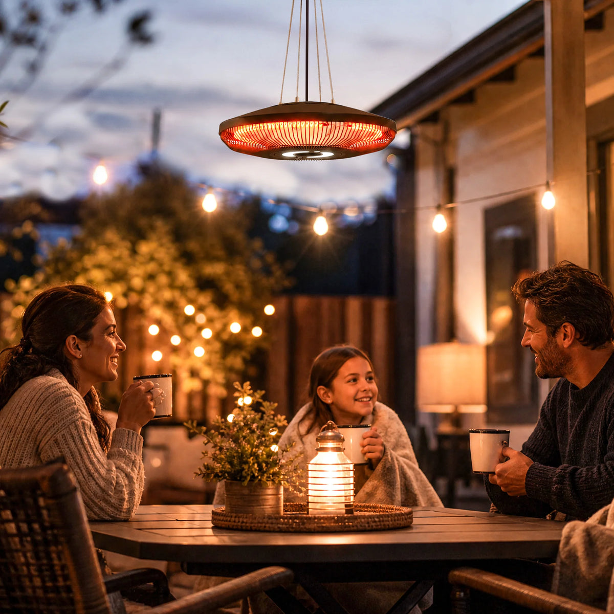 Electric Hanging Patio Heater w/ LED Light, 750/1500W, IP65, Black