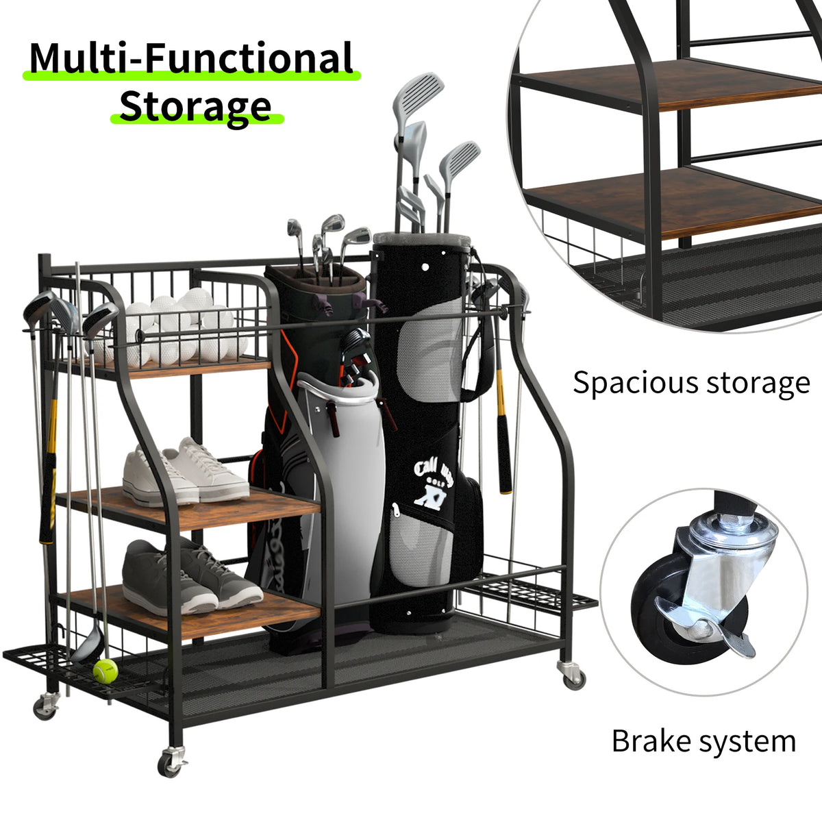 Rolling Golf Bag Storage Rack With Wheels Sports Equipment Organizer