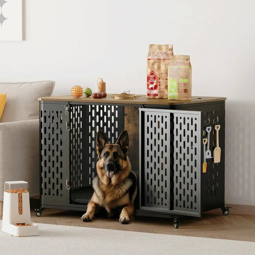 Heavy Duty Dog Crate urniture or Large and Medium Dogs, 43.7 Inch Large Dog Crate Kennel with lip Top & Cushion & Wheels, Ese Pr