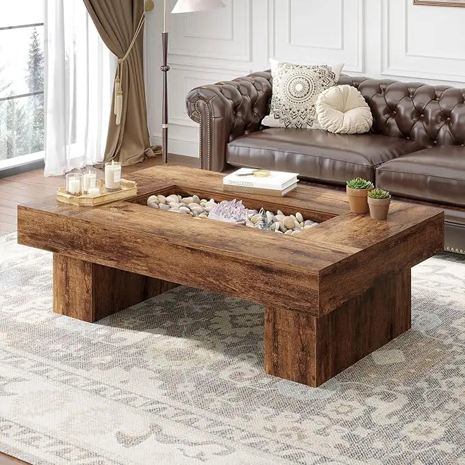 XIUWO Rustic Wood Coffee Table With Storage And LED Light