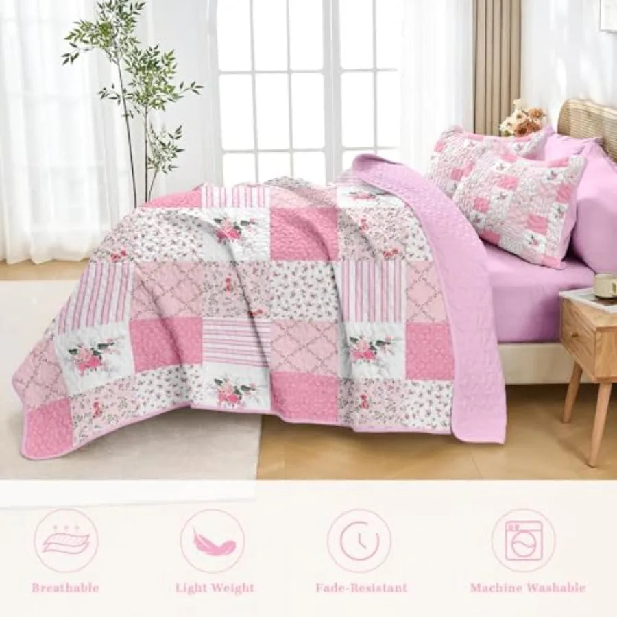 Patchwork Quilt Set With Flowers Duvet Cover And Pillow Shams