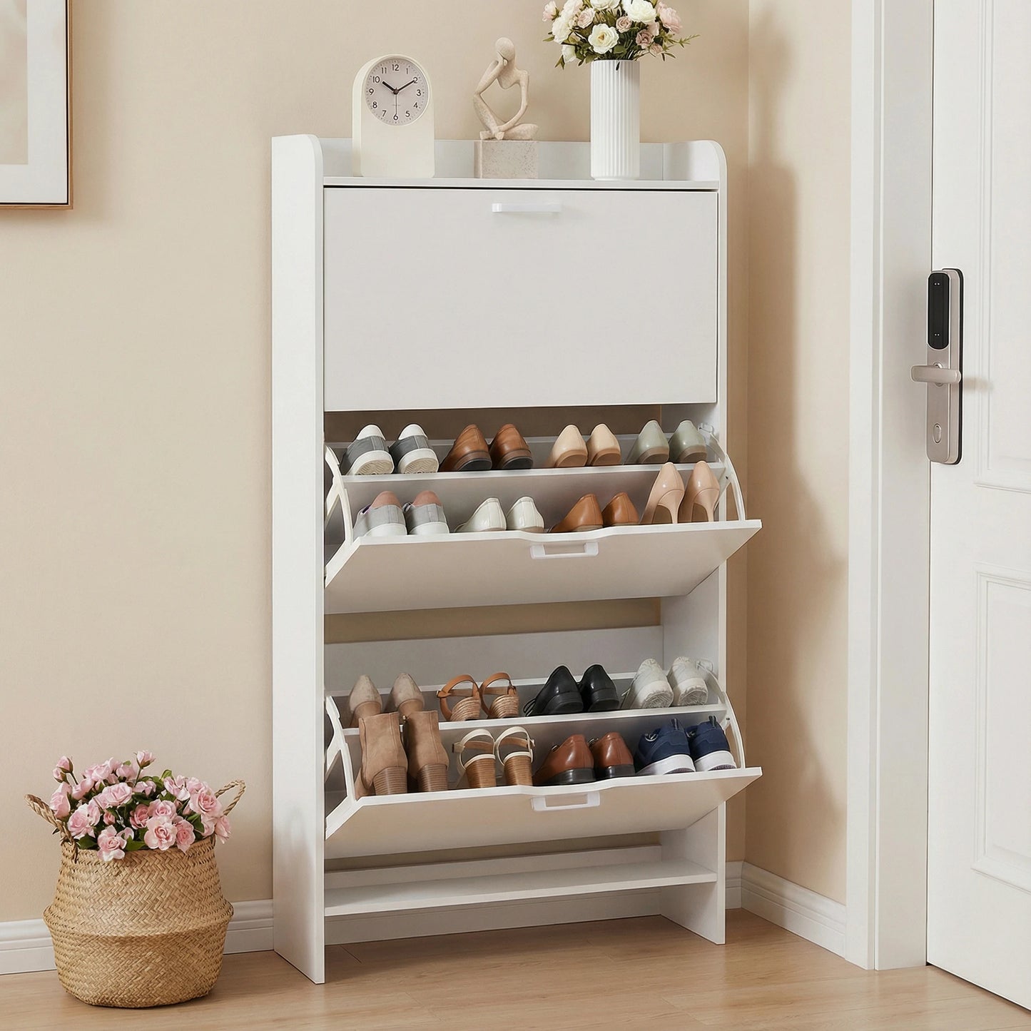 Shoe Cabinet With 3 Flip Drawers Slim Wooden Organizer