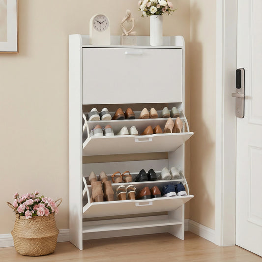 Shoe Cabinet With 3 Flip Drawers Slim Wooden Organizer