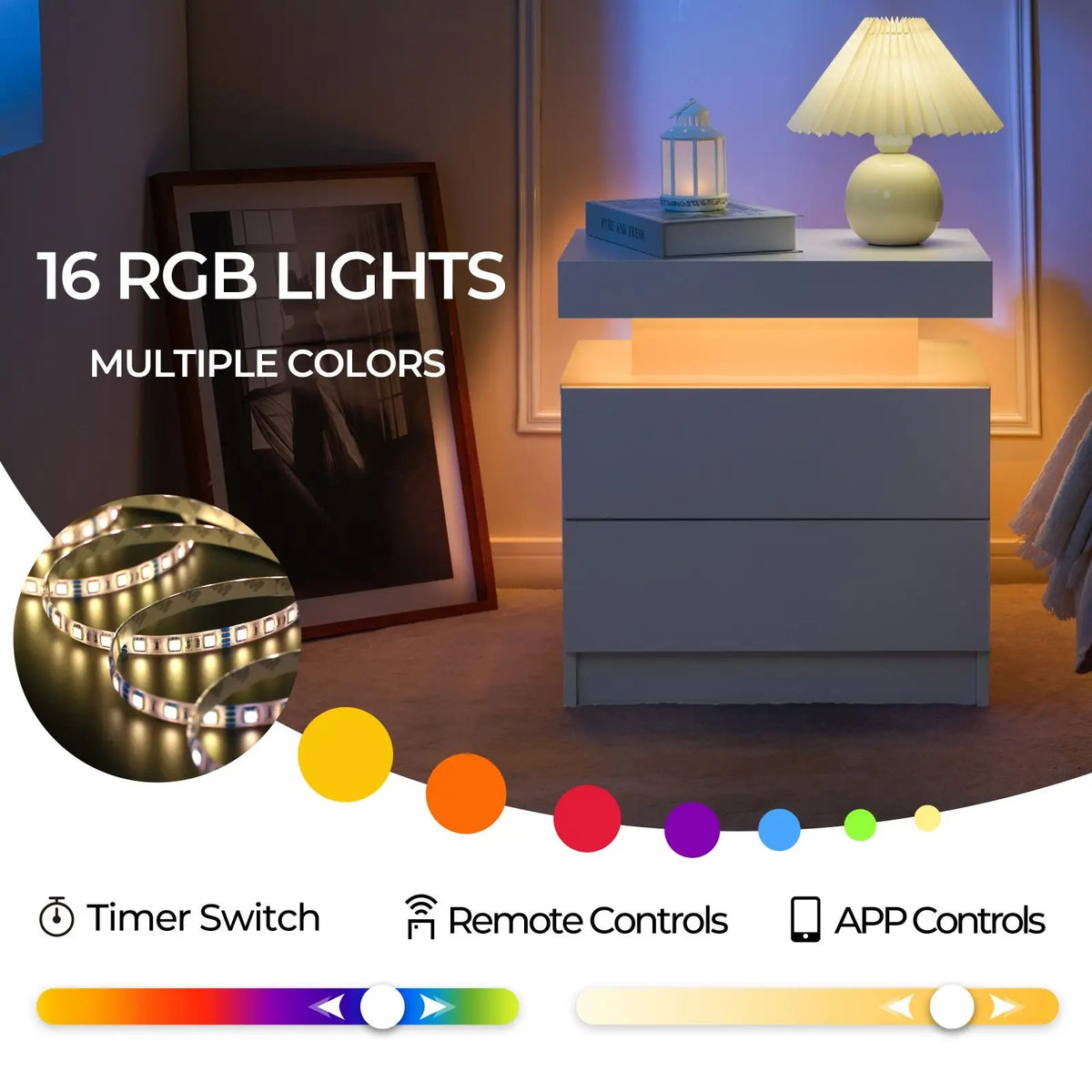 Cubehom LED Nightstand Set with Drawers for Modern Bedroom