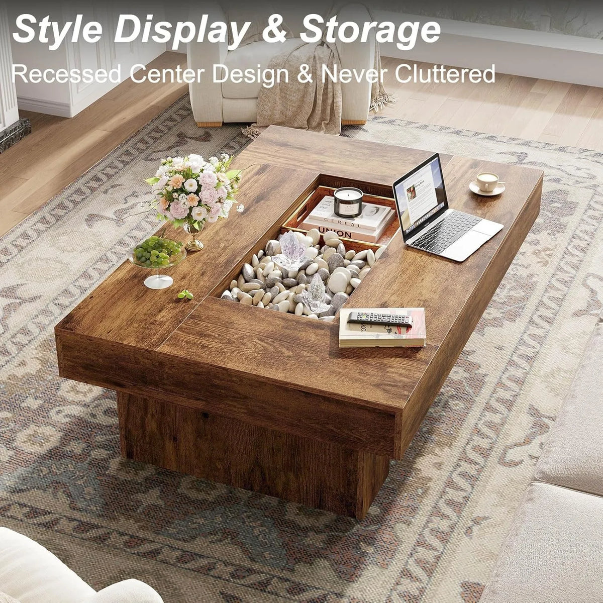 XIUWO Rustic Wood Coffee Table With Storage And LED Light