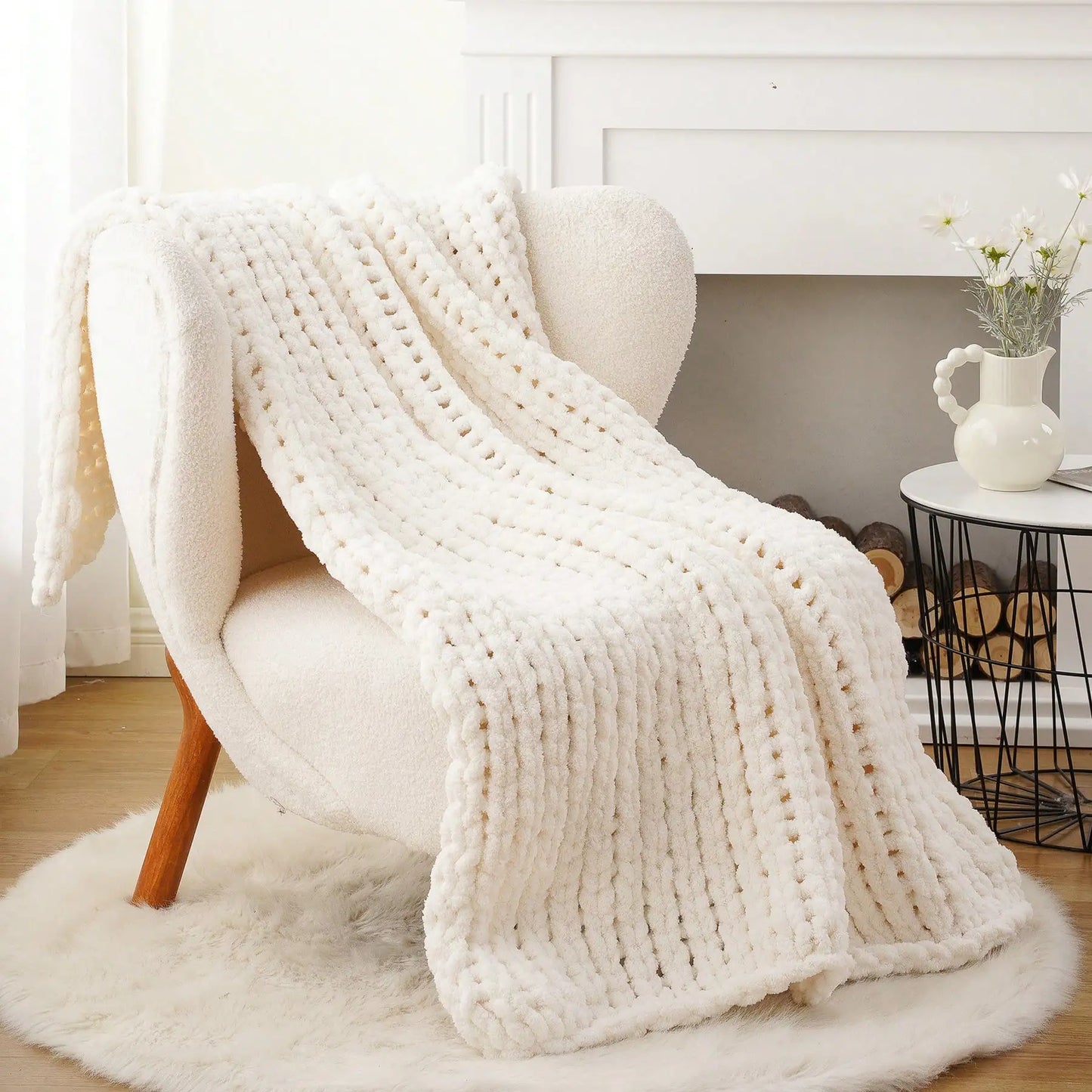 Cream Chunky Knit Throw Blanket For Couch,Handmade Cable Knit Crochet Blanket,Chenille Throw Blankets For Sofa Bed Home Decor,50