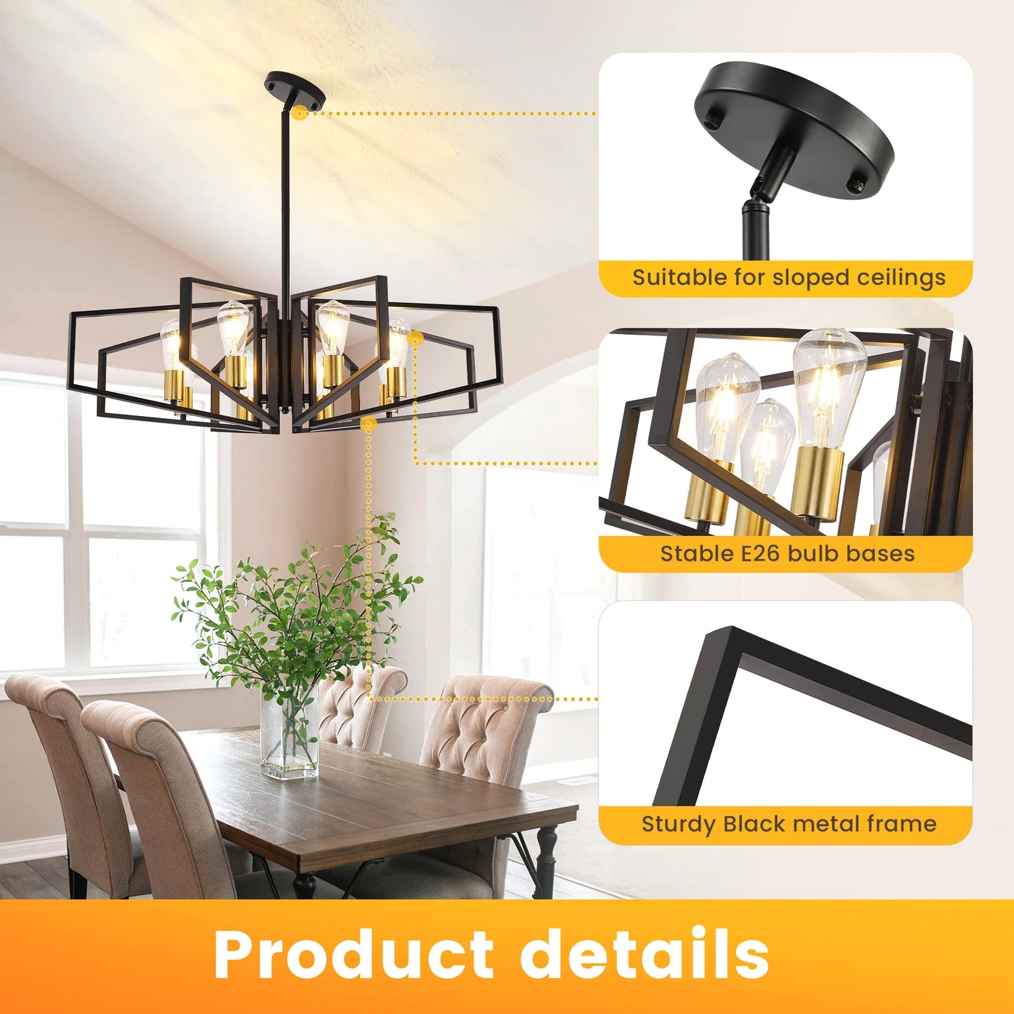 8-Light Geometric Chandelier With Adjustable Height Pendant Light