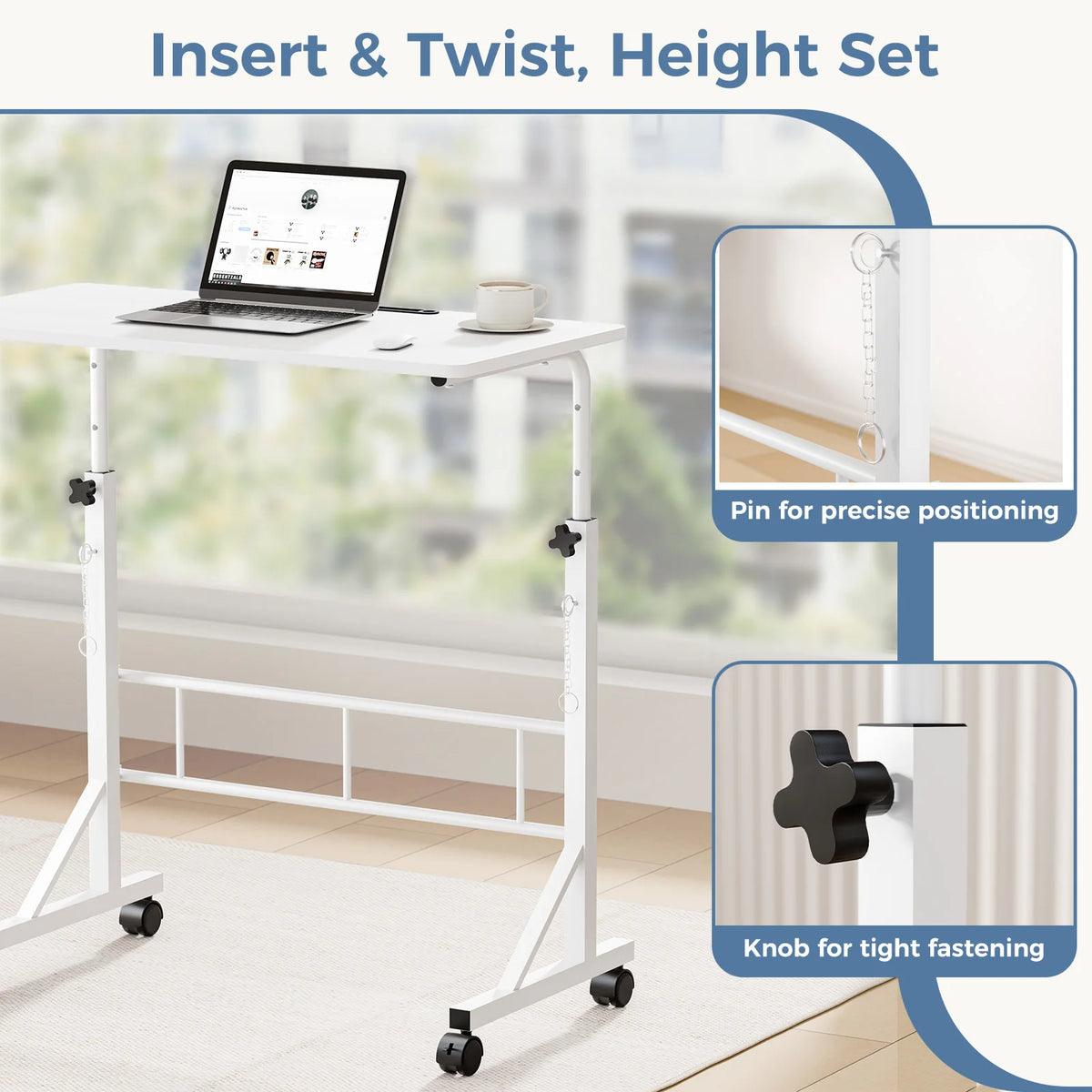 JHK Adjustable Height Mobile Desk Locking Wheels Laptop Workstation