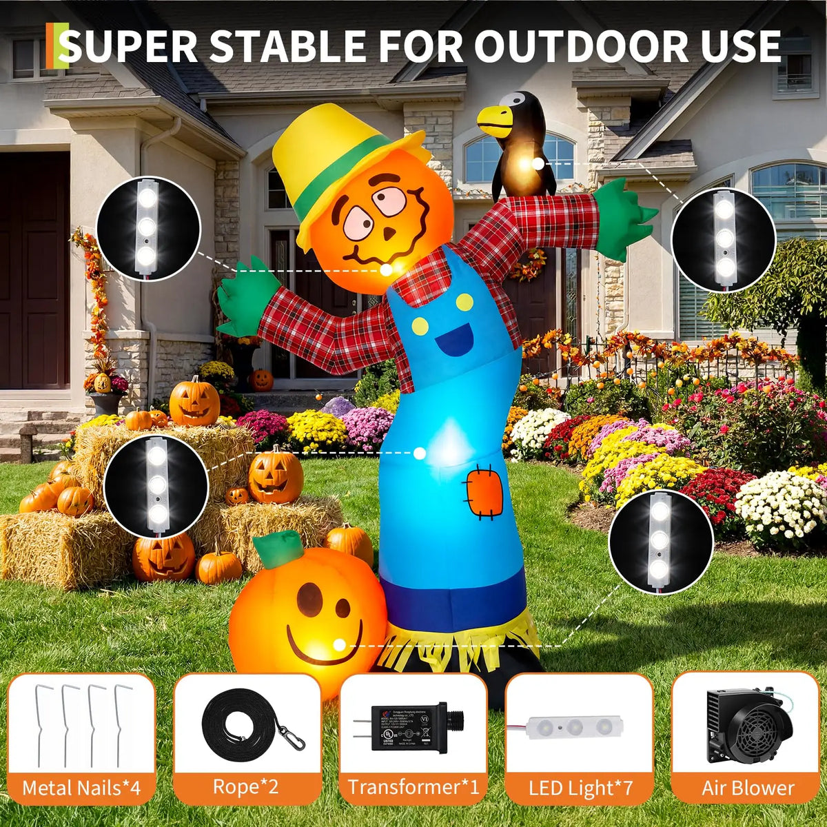 HiMISS Halloween Pumpkin Scarecrow Inflatable Yard Decor With LED Lights