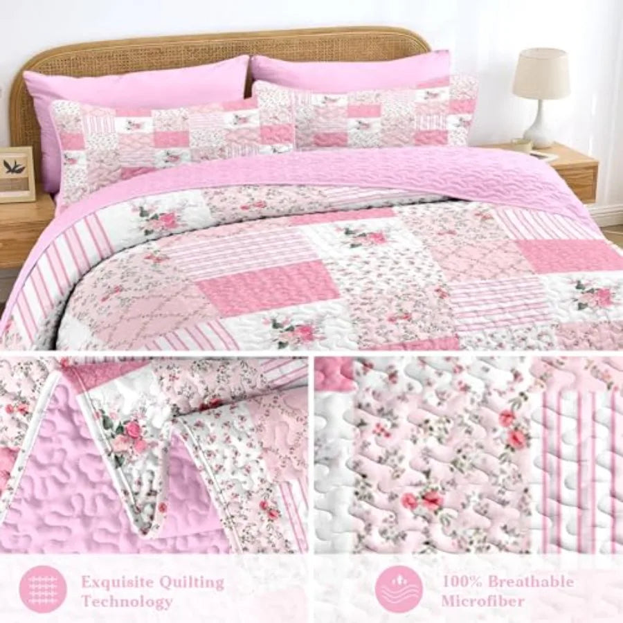 Patchwork Quilt Set With Flowers Duvet Cover And Pillow Shams