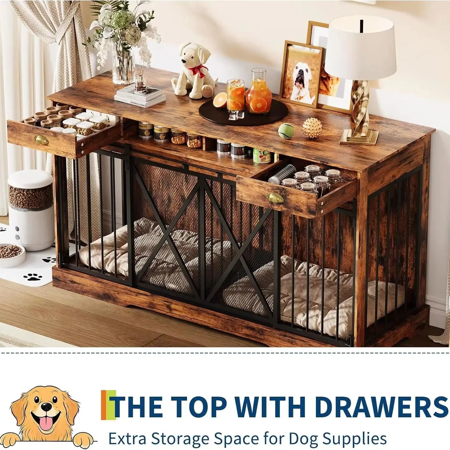 Heavy Duty Wooden Double Dog Crate Furniture Storage Drawers Indoor