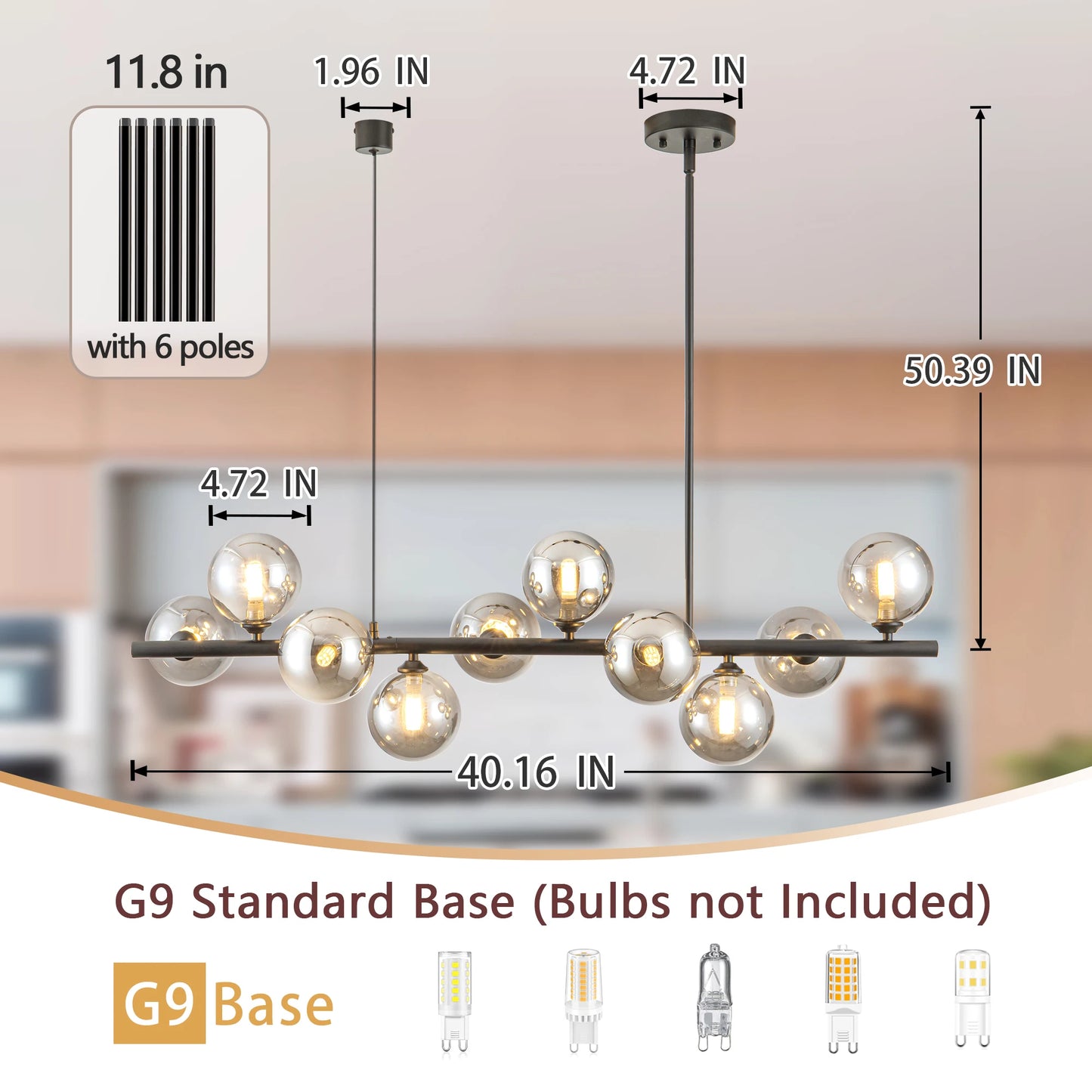 10 Light Adjustable Chandelier With Smoked Glass Globe Shades