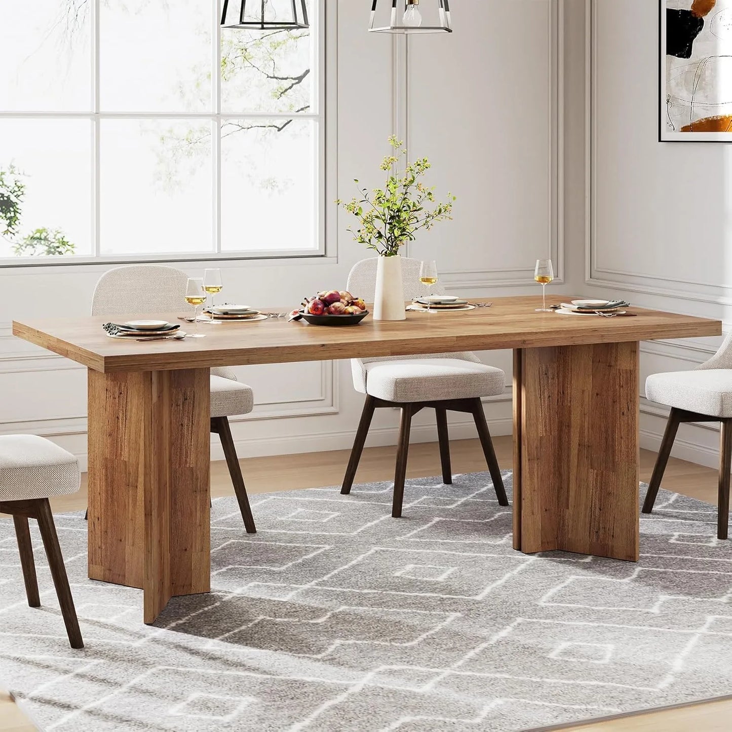 LITTLE TREE Farmhouse Dining Table Rectangular Large Tabletop For Dining Room