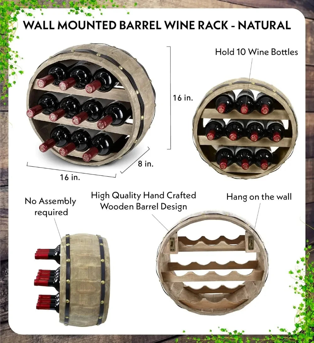 Wall Mounted Barrel Wine Rack for 10 Bottles Rustic Wood Holder