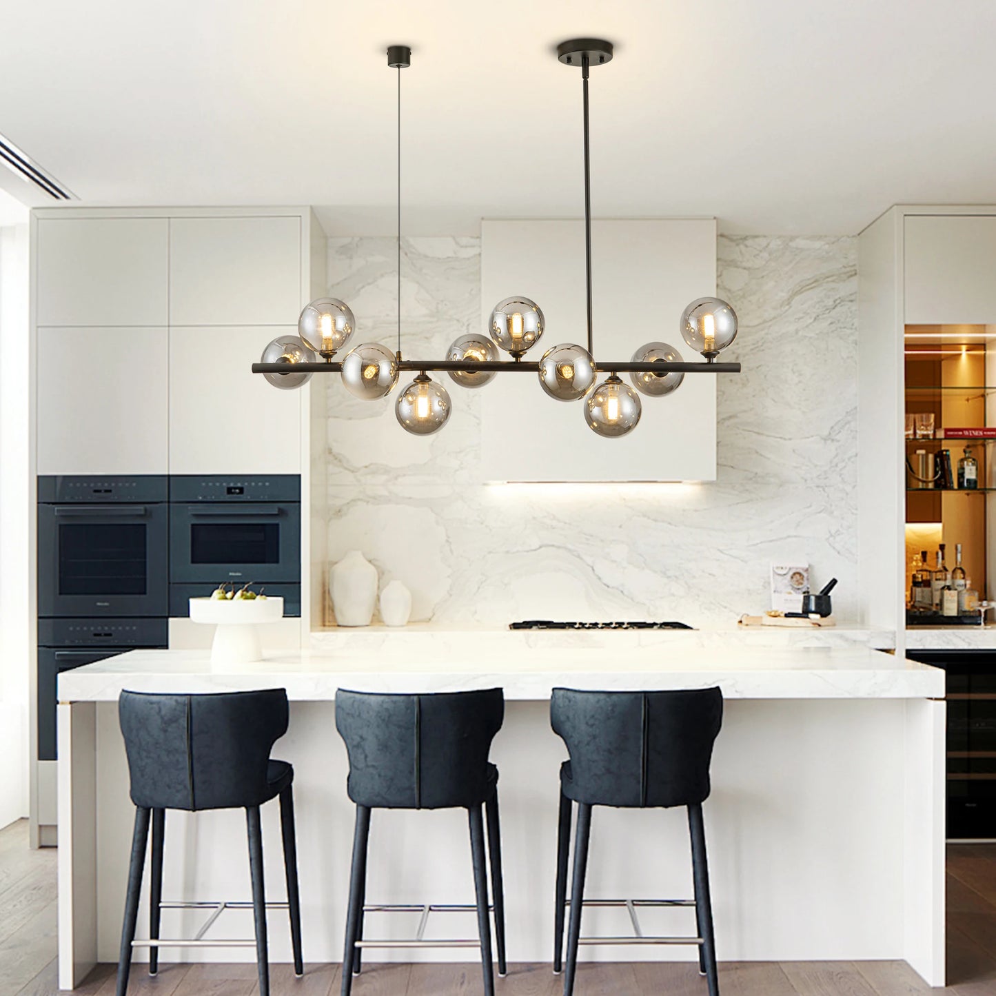 10 Light Adjustable Chandelier With Smoked Glass Globe Shades