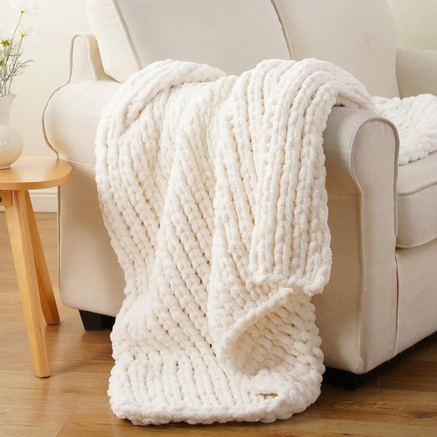 Cream Chunky Knit Throw Blanket For Couch,Handmade Cable Knit Crochet Blanket,Chenille Throw Blankets For Sofa Bed Home Decor,50