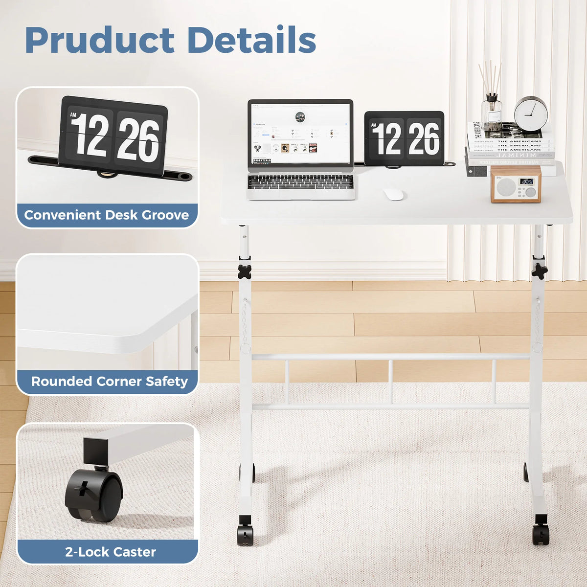 JHK Adjustable Height Mobile Desk Locking Wheels Laptop Workstation